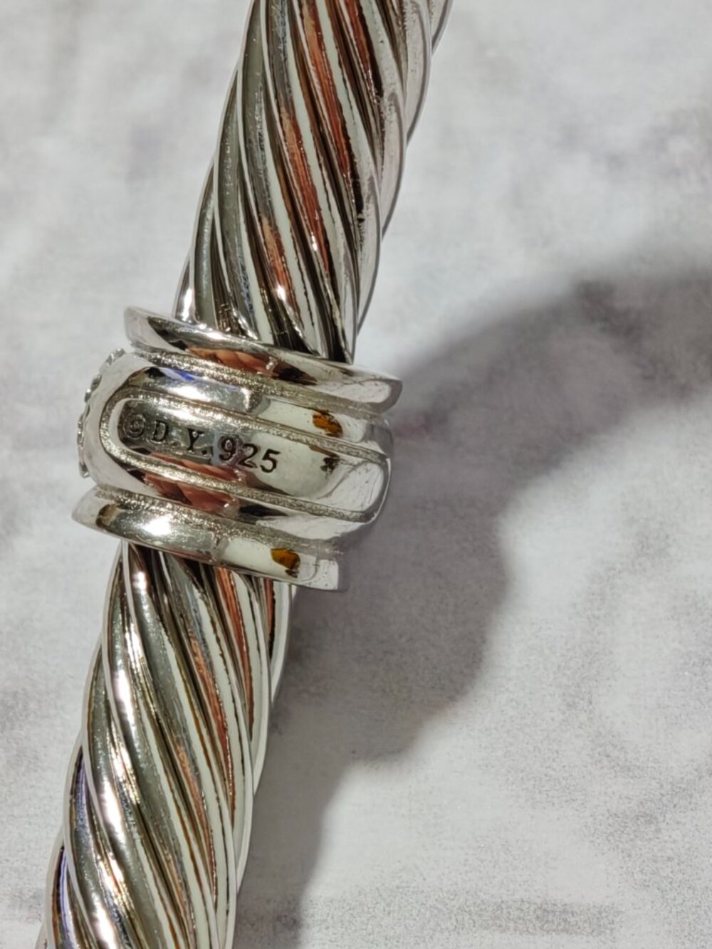 **Sterling Silver Cable Cuff Bracelet with CZ Crystal Station, Open Bangle** - Picture 7 of 7